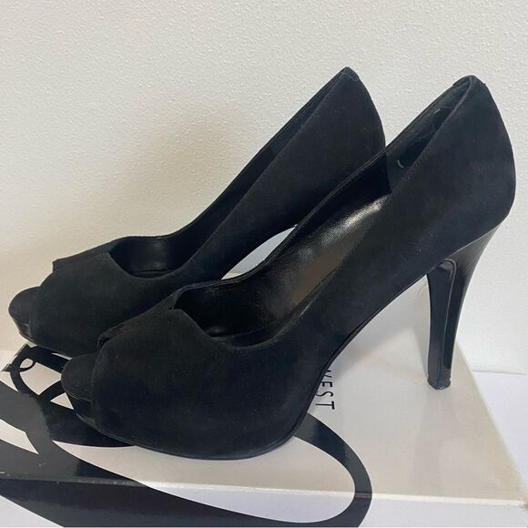 NINE WEST Bonfired Black Suede Peep toe Heels - Picture 1 of 12